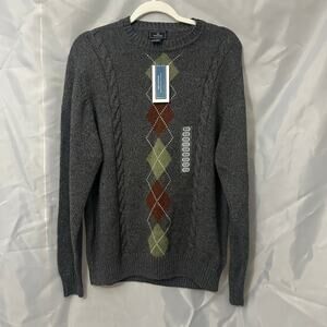 Dockers Men’s Sweater Medium Gray Argyle Cable Knit Crew Neck NWT